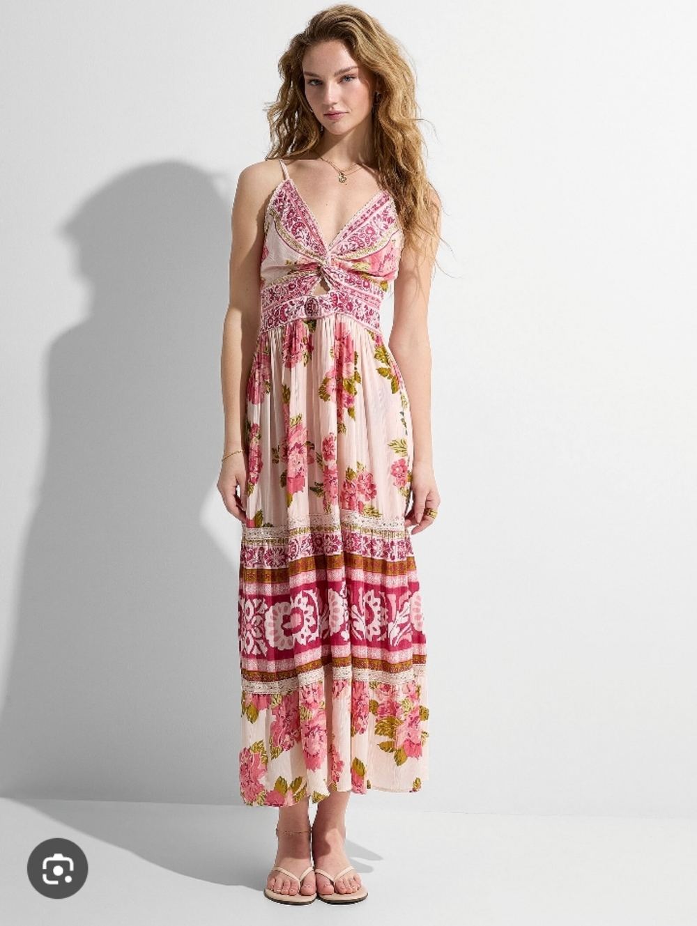 Angie Sz Small Iconic Twist Floral Pink Maxi Dress with AdjustSpaghetti Straps
